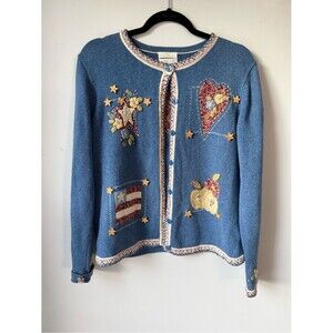 VTG Grandma Sweater Cardigan Stars Striped USA Apples Hearts Cottage Core Size M